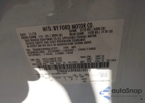 2019 Ford Flex Sel из США, поврежденный, VIN 2FMGK5C89KBA10272